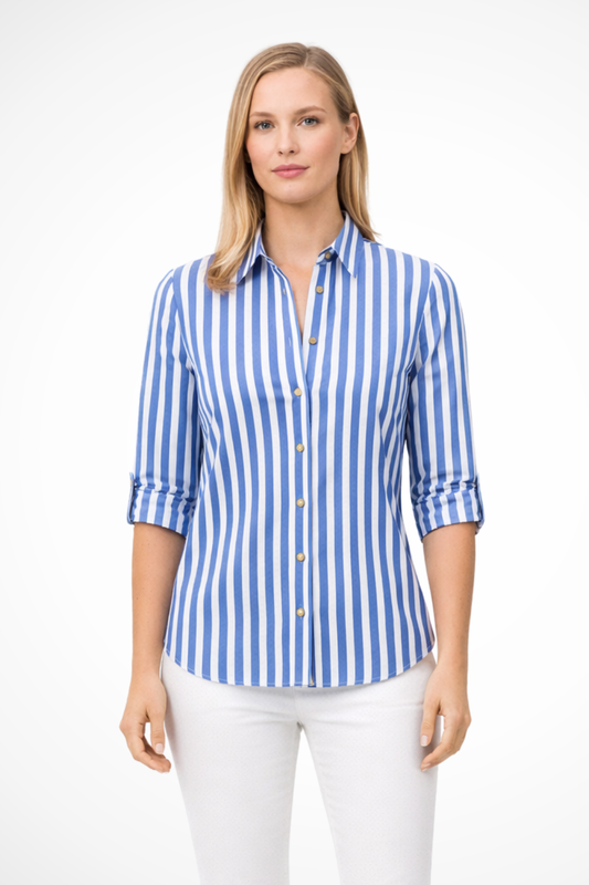 Women's Blouse Slim Fit with Stripe Pattern Pointed Collar and Rolled Sleeves with Tab