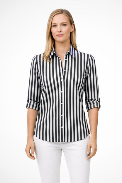 Women's Blouse Slim Fit with Stripe Pattern Pointed Collar and Rolled Sleeves with Tab