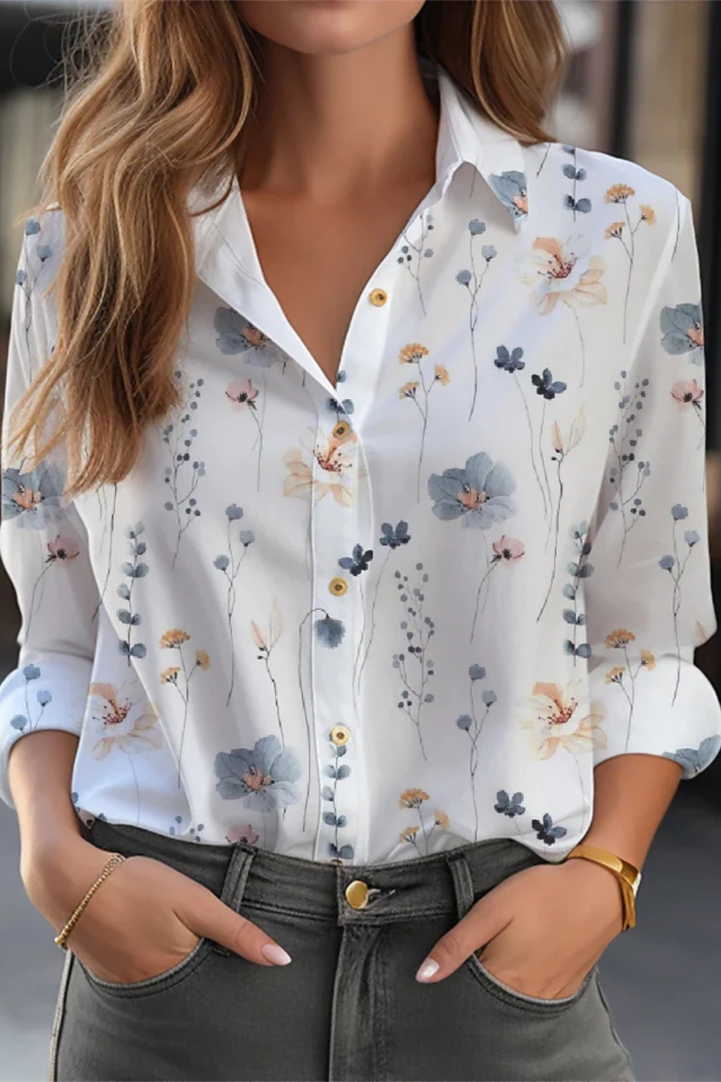 Women's Blouse with Floral Pattern and Long Sleeves