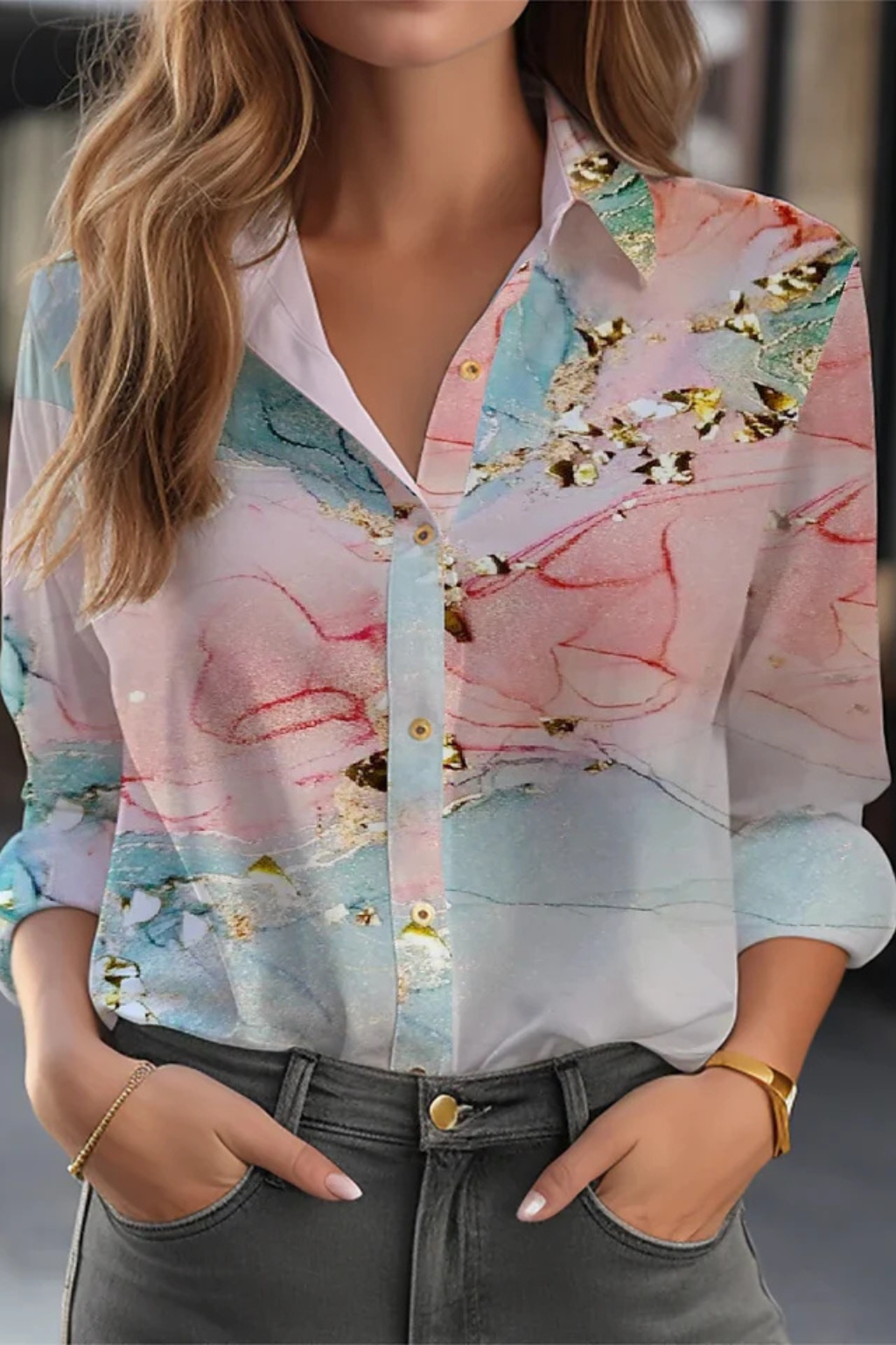 Women's Blouse with Floral Pattern and Long Sleeves