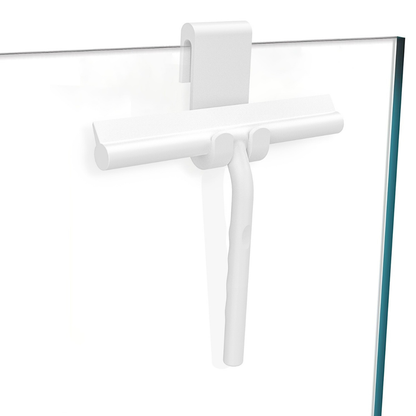 Silicone shower squeegee with matte black handle for glass, mirrors, and tiles, streak-free and compact