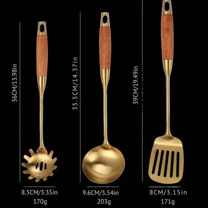 6-Piece Kitchen Utensil Set in Gold-Colored Stainless Steel with Wooden Handles Wok Turner Skimmer