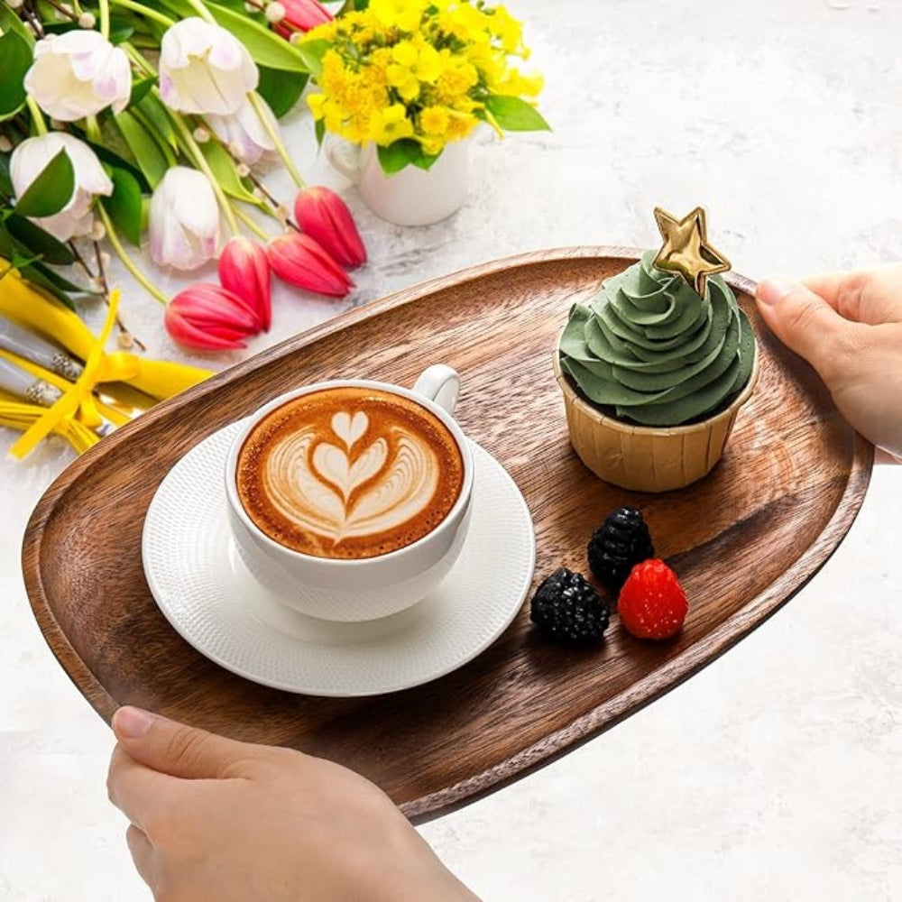 Acacia wood serving trays 5-piece set oval with natural grain, stackable in various sizes