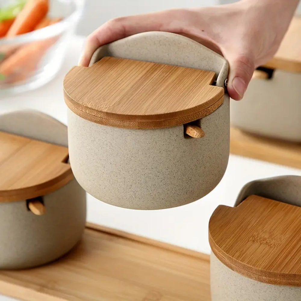2-Piece Ceramic Spice Jar Set with Bamboo Lid and Spoon on Wooden Tray for Salt and Sugar