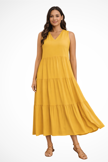 Women's Maxi Dress with Tiered Skirt and V-Neck