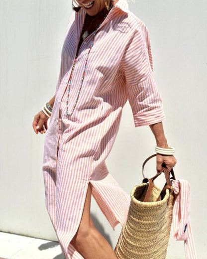 Women's Shirt Dress with Stripe Pattern Button Placket and Rolled Sleeves Lightweight Fabric with Side Slits