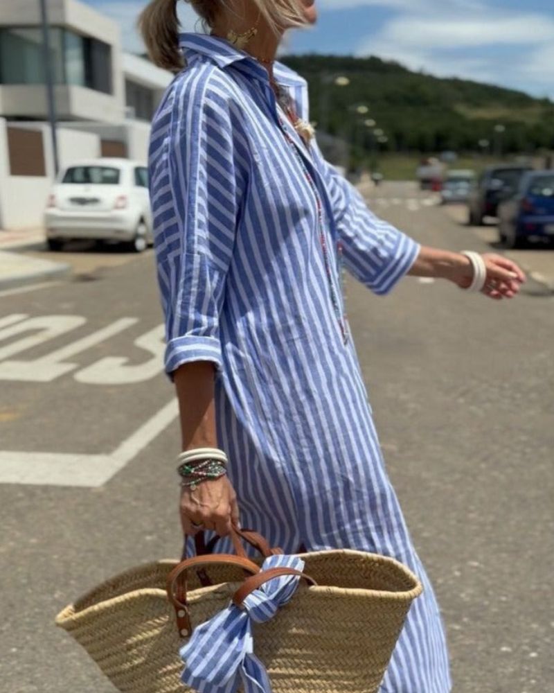 Women's Shirt Dress with Stripe Pattern Button Placket and Rolled Sleeves Lightweight Fabric with Side Slits