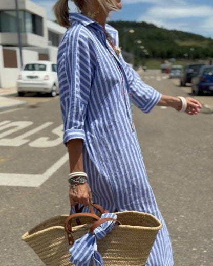 Women's Shirt Dress with Stripe Pattern Button Placket and Rolled Sleeves Lightweight Fabric with Side Slits