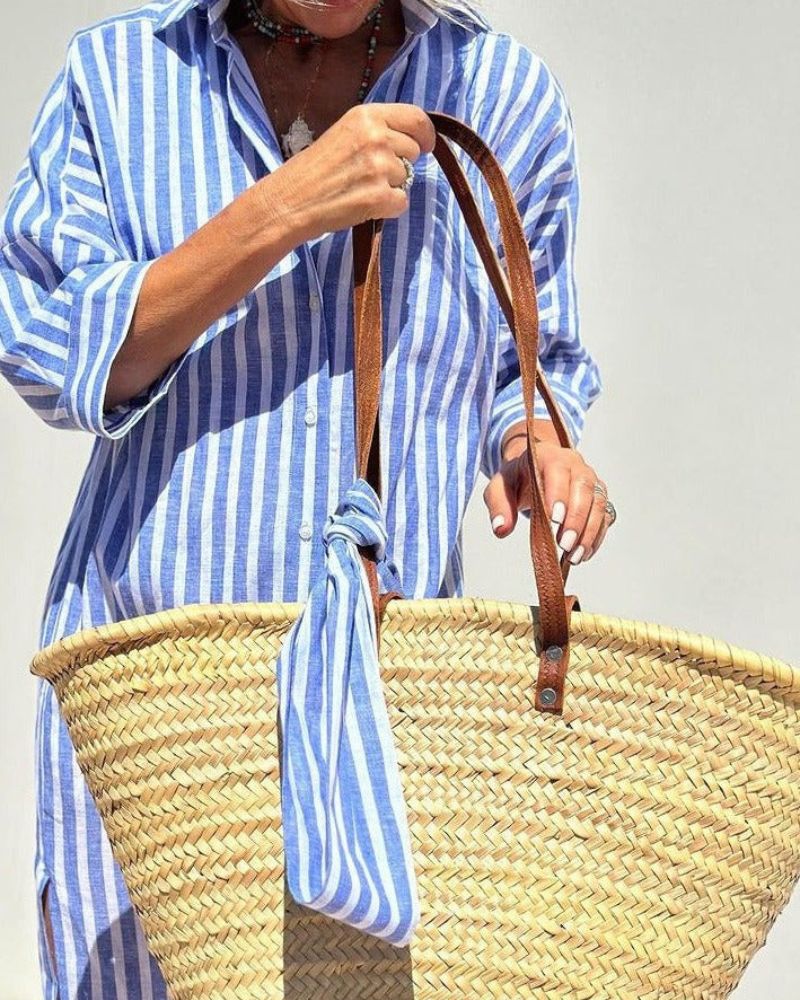 Women's Shirt Dress with Stripe Pattern Button Placket and Rolled Sleeves Lightweight Fabric with Side Slits