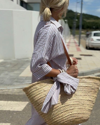 Women's Shirt Dress with Stripe Pattern Button Placket and Rolled Sleeves Lightweight Fabric with Side Slits