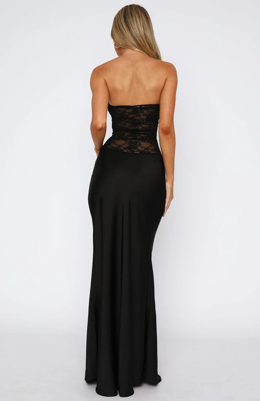 Kathy women's maxi dress with strapless design, lace details, and mermaid cut