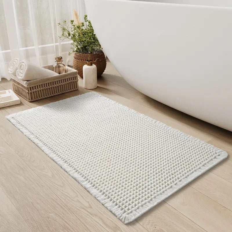 Bath mat with waffle texture and fringes, non-slip and quick-drying made of soft microfiber chenille