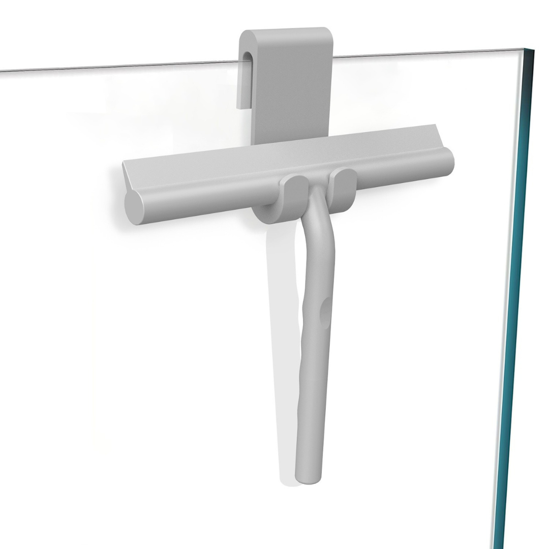 Silicone shower squeegee with matte black handle for glass, mirrors, and tiles, streak-free and compact