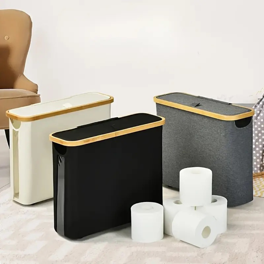 Narrow trash bin with bamboo frame for bathroom and kitchen, space-saving between furniture and toilet