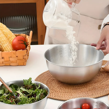 3-Piece Stainless Steel Bowl Set Stackable with Measurement Scale for Kitchen and Serving Versatile
