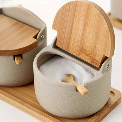2-Piece Ceramic Spice Jar Set with Bamboo Lid and Spoon on Wooden Tray for Salt and Sugar