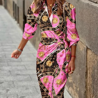 Women's Maxi Wrap Dress with Geometric Print, Shirt Collar, and Long Sleeves in Satin Look