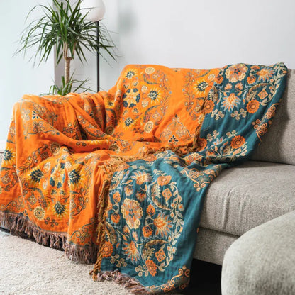 Boho cotton reversible throw with mandala pattern and fringes, sofa cover multi-layered