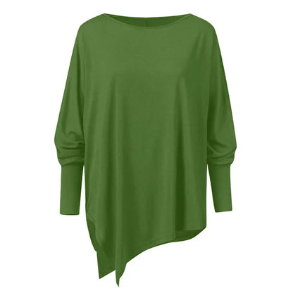 Women's summer top with boat neckline and asymmetrical hem