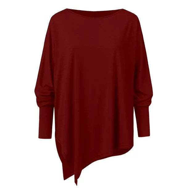 Women's summer top with boat neckline and asymmetrical hem