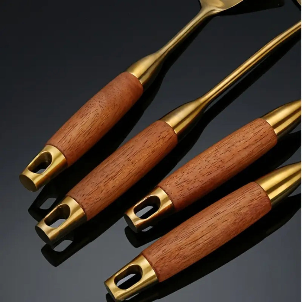 6-Piece Kitchen Utensil Set in Gold-Colored Stainless Steel with Wooden Handles Wok Turner Skimmer