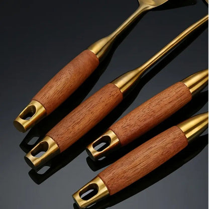 6-Piece Kitchen Utensil Set in Gold-Colored Stainless Steel with Wooden Handles Wok Turner Skimmer