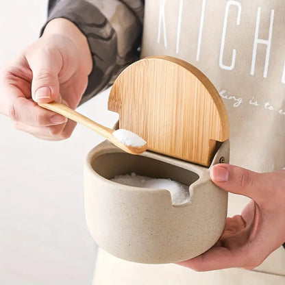 2-Piece Ceramic Spice Jar Set with Bamboo Lid and Spoon on Wooden Tray for Salt and Sugar