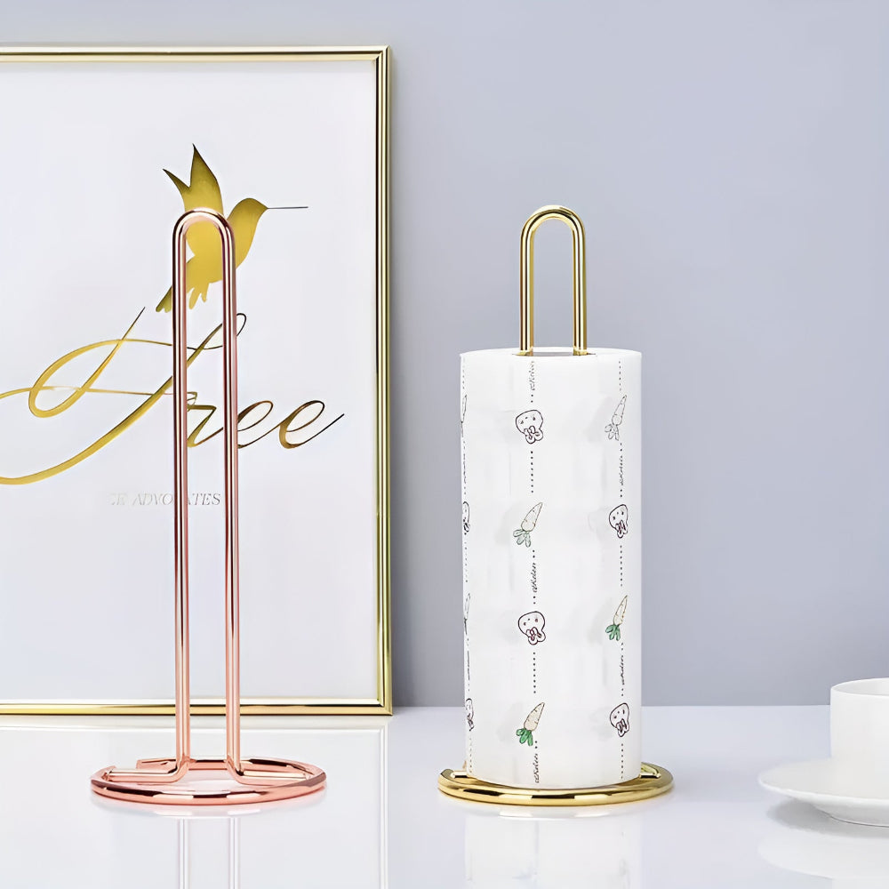 Standing Kitchen Roll Holder Made of Iron with U-Shaped Handle and Round Base for Napkins and Paper Towels