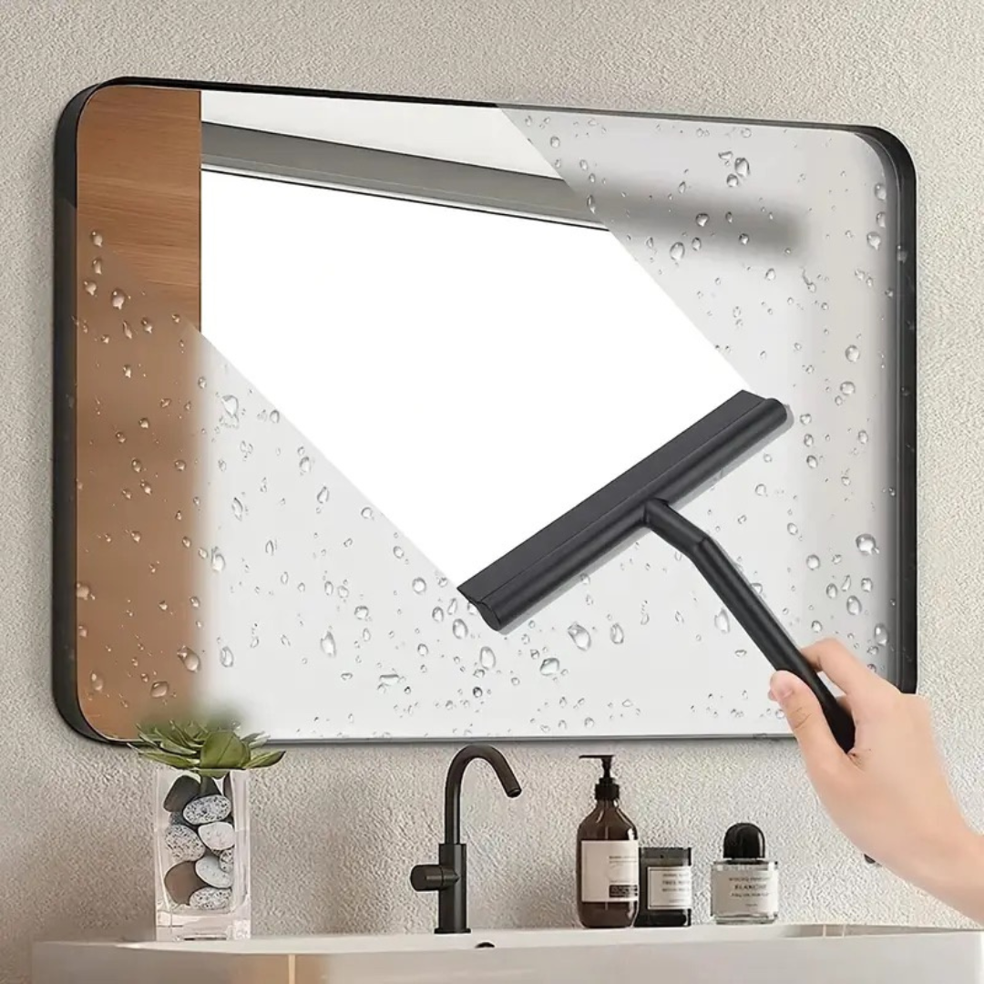 Silicone shower squeegee with matte black handle for glass, mirrors, and tiles, streak-free and compact