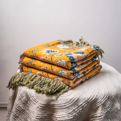 Boho cotton reversible throw with mandala pattern and fringes, sofa cover multi-layered