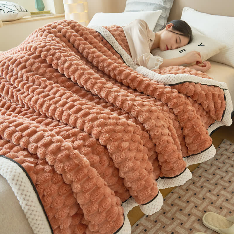 Reversible coral fleece blanket with 3D popcorn texture and contrast trim, extra thick and soft for sofa and bed