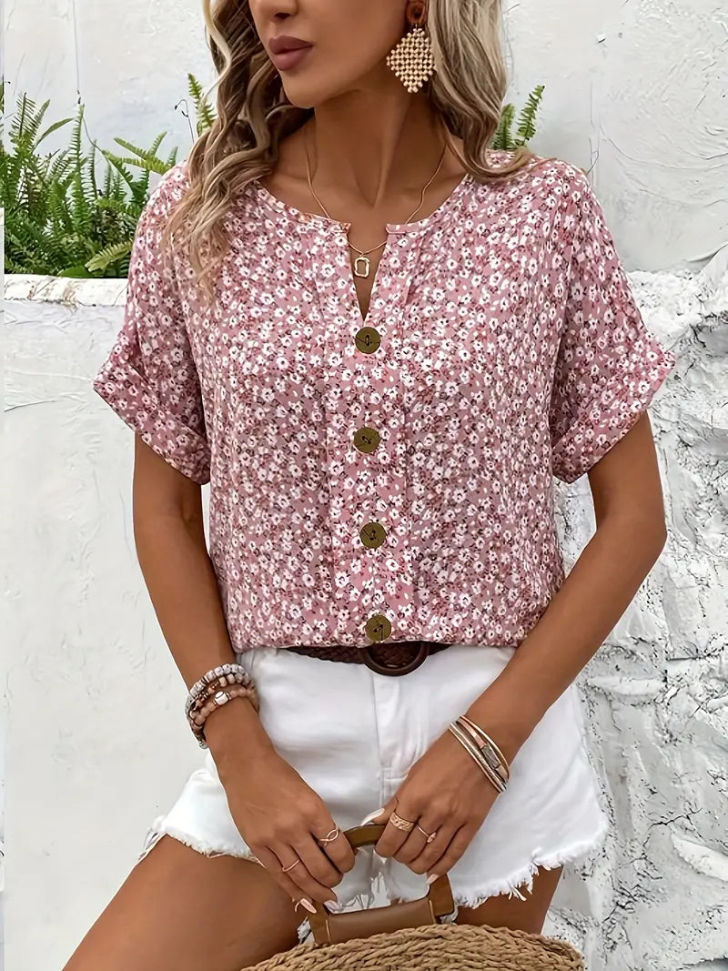 Women's Top with Button Placket and Short Sleeves for Summer