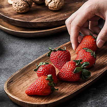 Acacia wood serving trays 5-piece set oval with natural grain, stackable in various sizes
