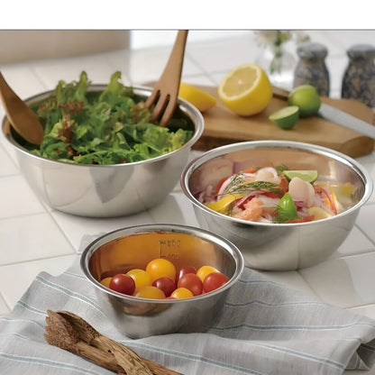 3-Piece Stainless Steel Bowl Set Stackable with Measurement Scale for Kitchen and Serving Versatile