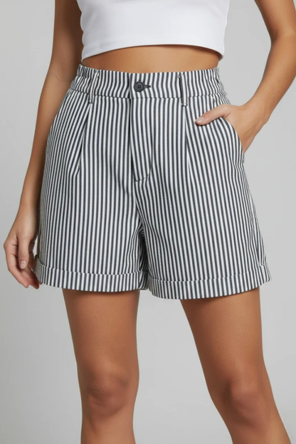 Women's High-Waist Shorts with Stripe Pattern Straight Cut with Pleats and Rolled Hem