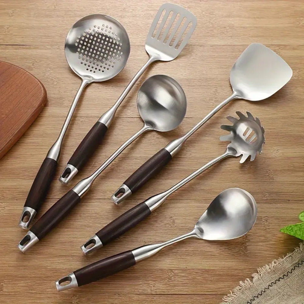 6-Piece Kitchen Utensil Set in Stainless Steel & Wood – Elegance Meets Function