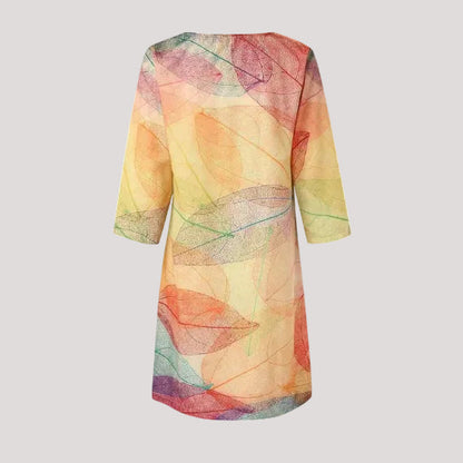 Women's Tunic Dress with Leaf Print, Notch Neckline, 3/4 Sleeves, Knee-Length, Loose with Side Pockets