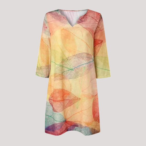 Women's Tunic Dress with Leaf Print, Notch Neckline, 3/4 Sleeves, Knee-Length, Loose with Side Pockets