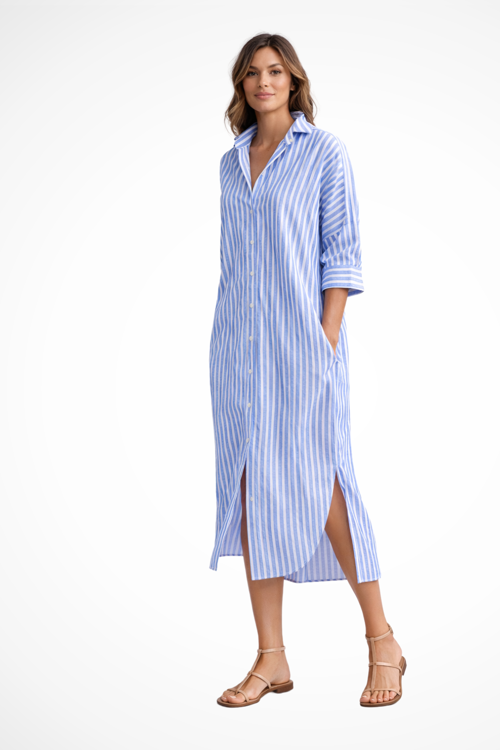 Women's Shirt Dress with Stripe Pattern Button Placket and Rolled Sleeves Lightweight Fabric with Side Slits