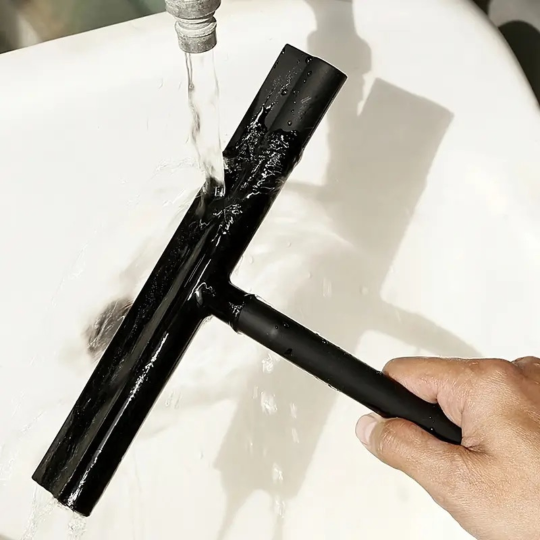 Silicone shower squeegee with matte black handle for glass, mirrors, and tiles, streak-free and compact
