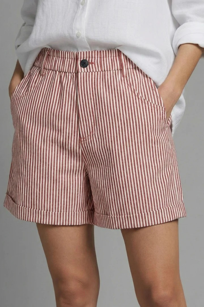 Women's High-Waist Shorts with Stripe Pattern Straight Cut with Pleats and Rolled Hem