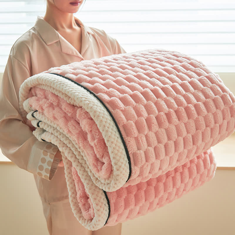 Reversible coral fleece blanket with 3D popcorn texture and contrast trim, extra thick and soft for sofa and bed