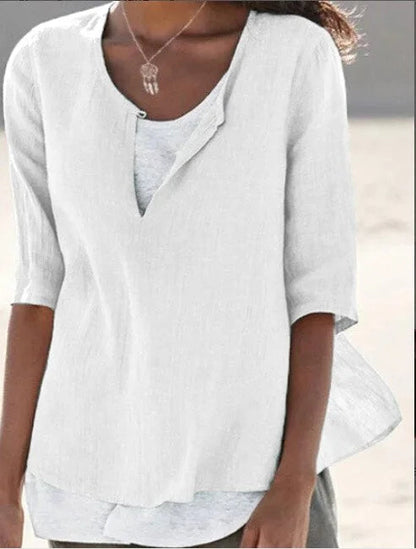 Women's Linen Blouse with Half-Length Sleeves Loose Fit Hip-Length Layered Look