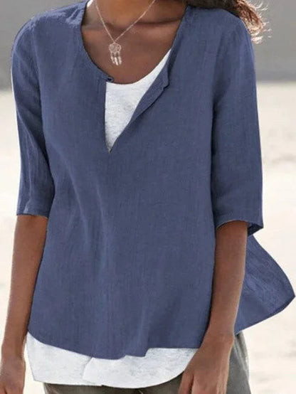 Women's Linen Blouse with Half-Length Sleeves Loose Fit Hip-Length Layered Look