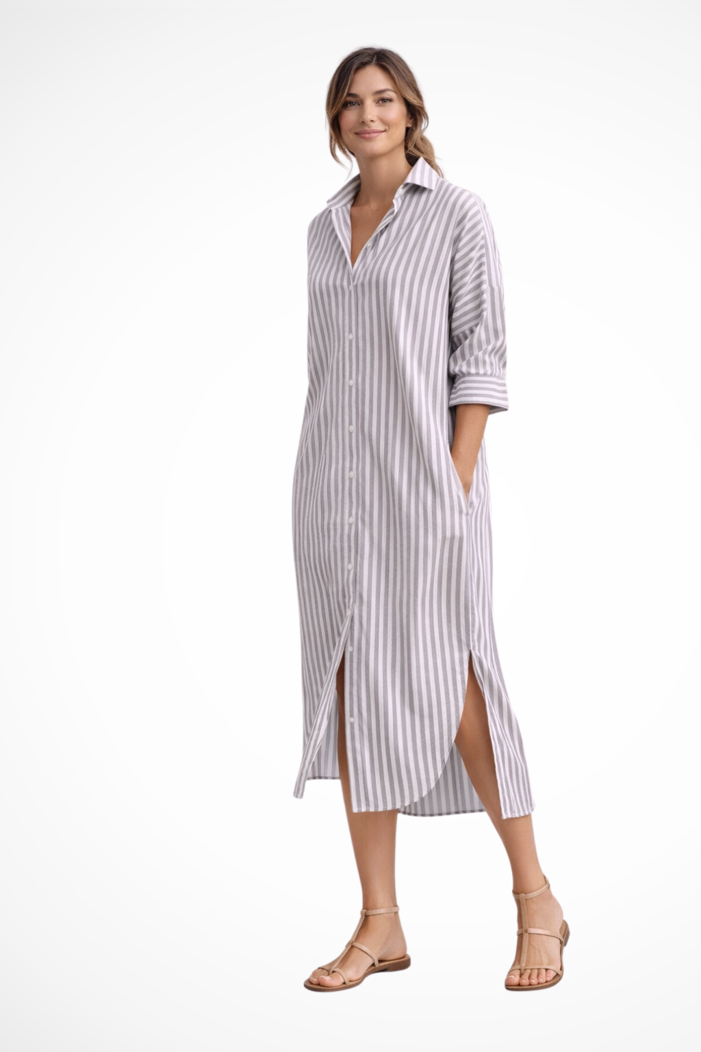 Women's Shirt Dress with Stripe Pattern Button Placket and Rolled Sleeves Lightweight Fabric with Side Slits