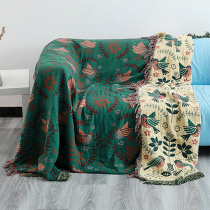 Boho cotton reversible blanket with bird and flower jacquard pattern, fringes, multi-layered sofa cover