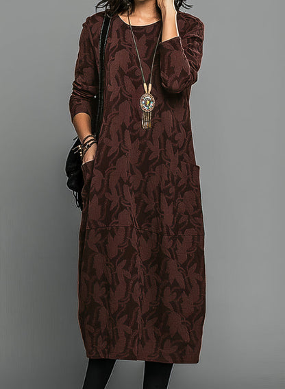 Women's Midi Dress made of Jacquard with Woven Leaf Pattern, Round Neckline, Long Sleeves with Side Pockets