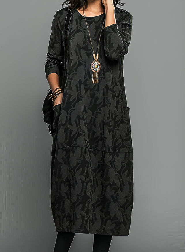 Women's Midi Dress made of Jacquard with Woven Leaf Pattern, Round Neckline, Long Sleeves with Side Pockets