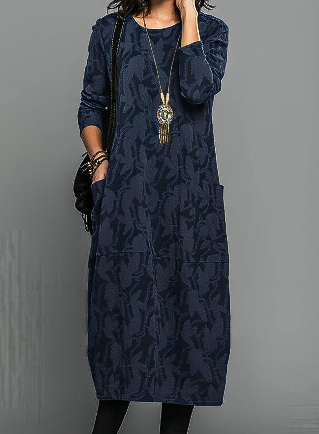 Women's Midi Dress made of Jacquard with Woven Leaf Pattern, Round Neckline, Long Sleeves with Side Pockets
