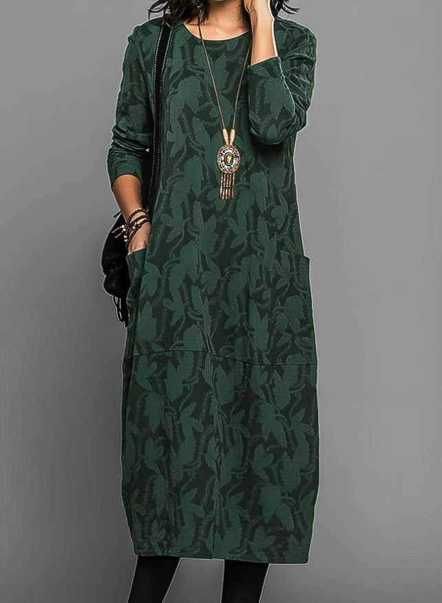 Women's Midi Dress made of Jacquard with Woven Leaf Pattern, Round Neckline, Long Sleeves with Side Pockets